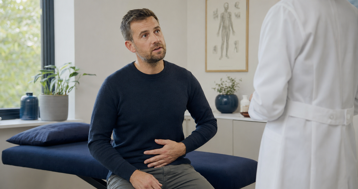 Man discussing recurring abdominal discomfort and digestive symptoms during a clinical consultation.