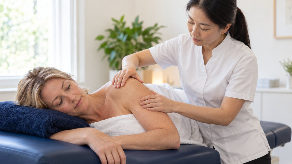 Practitioner gently assessing a patient's shoulder before acupuncture.