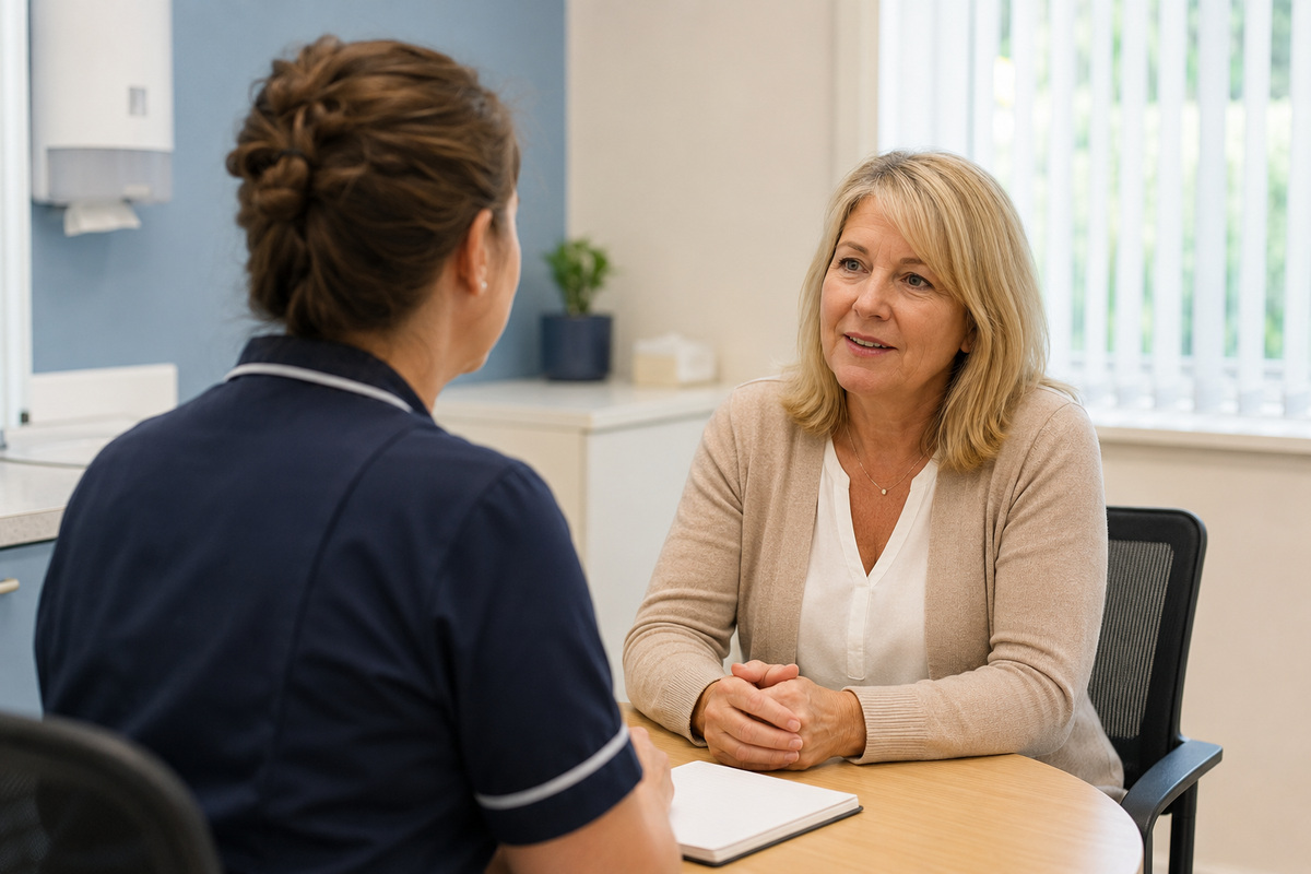 Midlife woman discussing menopause symptoms with a healthcare professional during a consultation