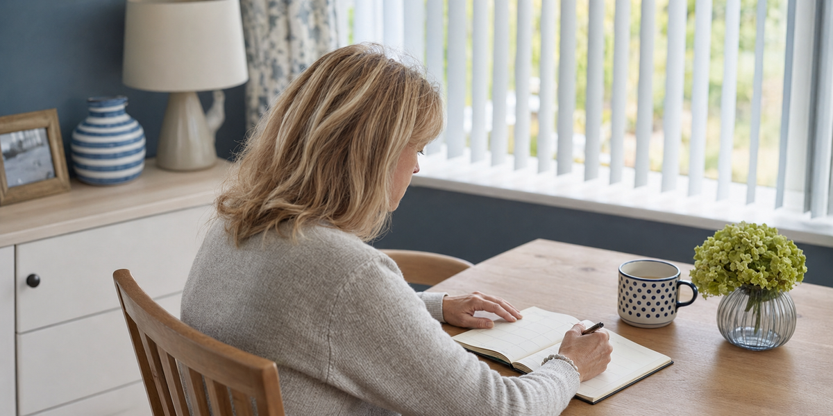 Midlife woman recording changes to her menstrual cycle in a personal diary at home