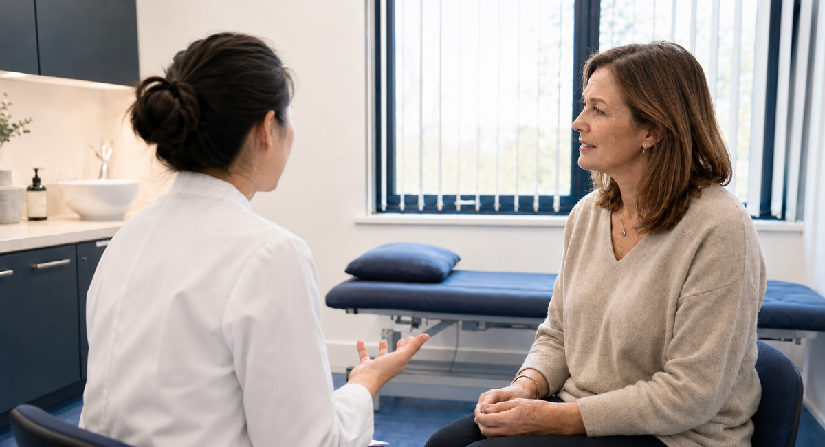Practitioner speaking with a patient about perimenopause and menopause in a calm clinic setting