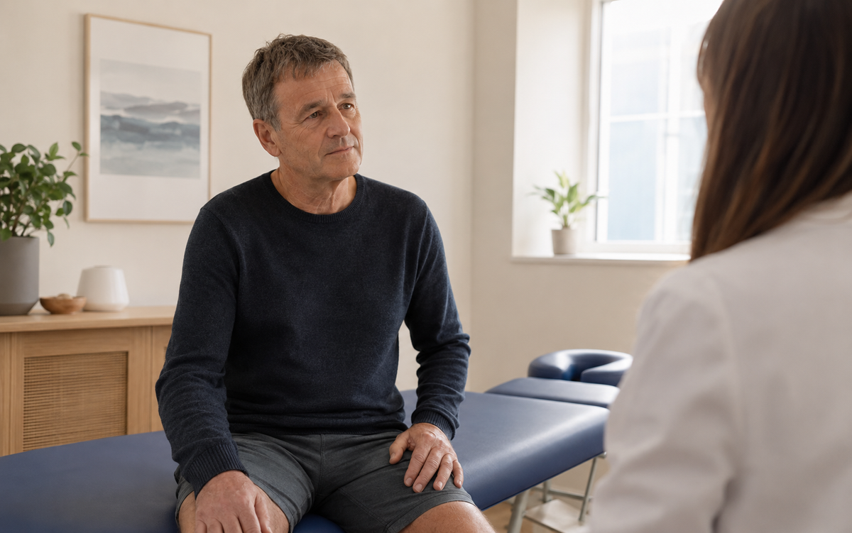 Man discussing persistent fatigue after a viral illness during a clinical consultation.