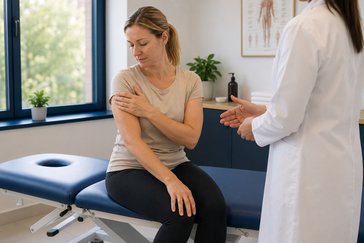 Patient discussing mild soreness after acupuncture with a practitioner at Maggie's Acupuncture clinic.