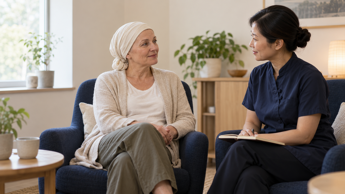 A woman wearing a headscarf discussing supportive care with an acupuncture practitioner.