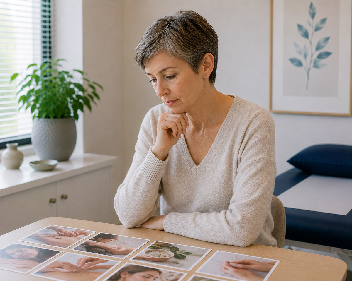 Patient discussing acupuncture and cupping treatment options in a calm clinical setting.
