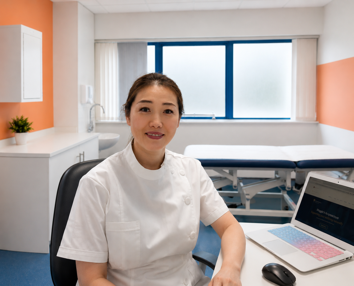 Maggie Dan Deng in the treatment room at Maggie’s Acupuncture in Stockport.