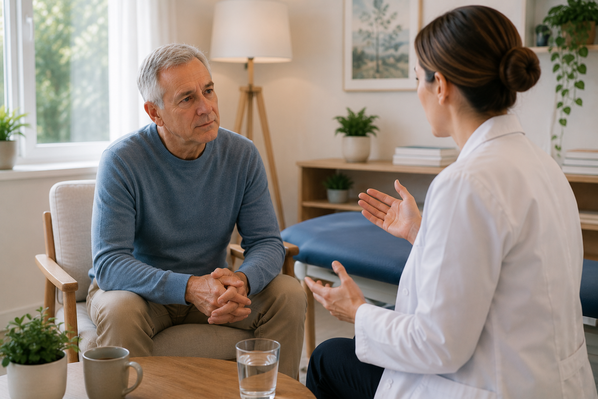 Patient receiving personalised recovery advice at Maggie's Acupuncture clinic.