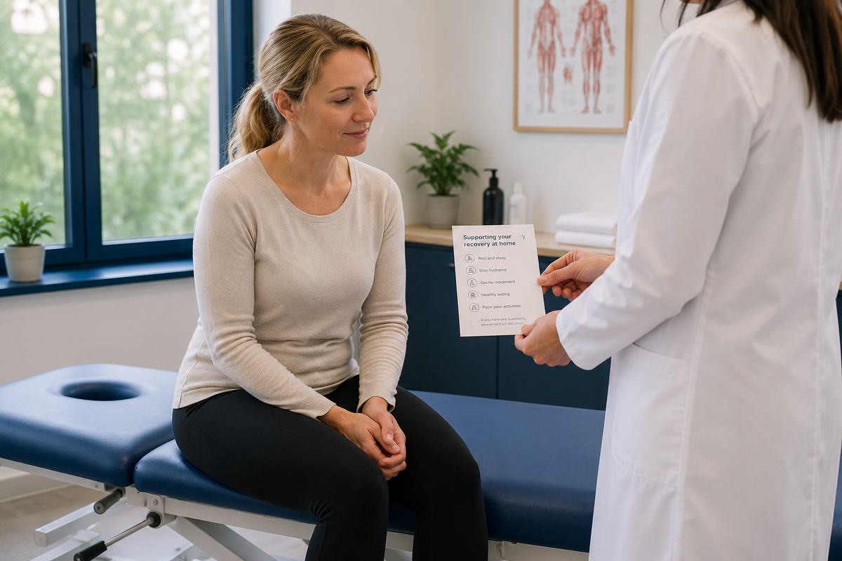 Patient receiving professional recovery advice during a consultation at Maggie's Acupuncture clinic.