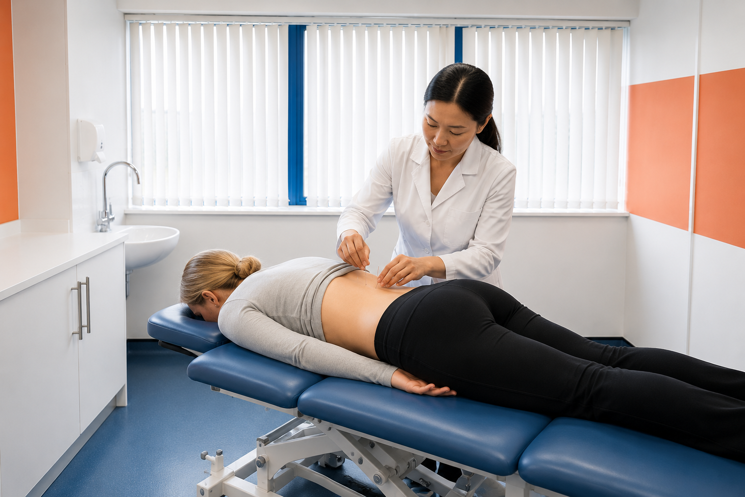 Person receiving acupuncture treatment for lower back pain.