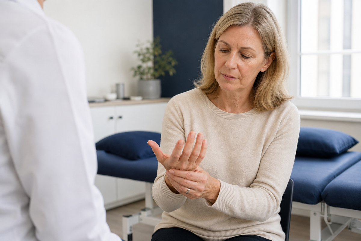 Woman discussing numbness and tingling in her hand during a clinical consultation.